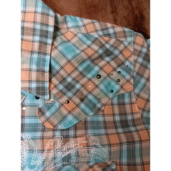 Wrangler Rock 47 Womens L Shirt Plaid Rhinestone Snap Front Embroidered Cotton - Picture 4 of 9